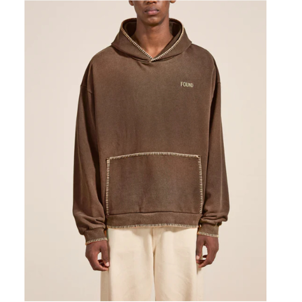 Found Men's Brown Stitched Border Distressed Logo Hoodie Size XL